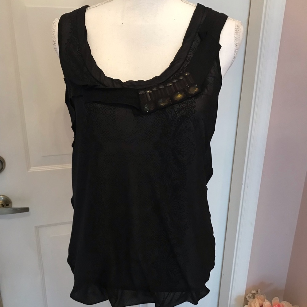CAbi black tank with ribbon and embellishments